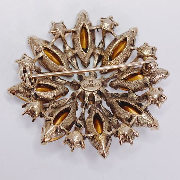 Signed Graziano Jewel Tone Green Purple Rhinestone Floral Brooch 1980s Gold Tone - Picture 8 of 10